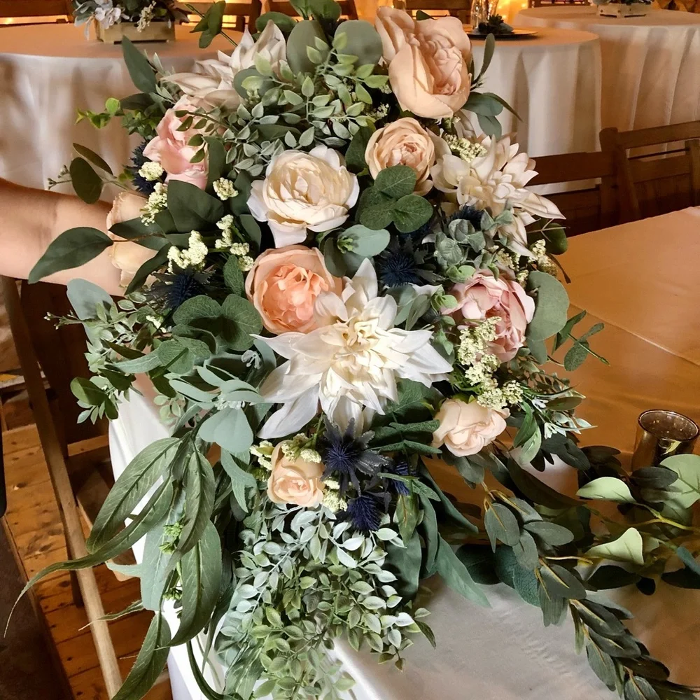 Silk Wedding Bouquet- Neutral tones, 2 different Eucalyptus and Navy accent